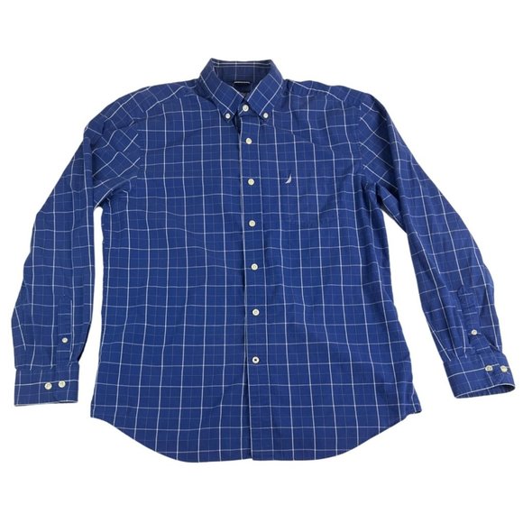 Nautica Men's Button Down Shirt Wrinkle Resistant Plaid L Blue White 100% Cotton - Picture 1 of 5
